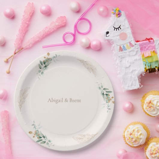 Crème & Goud Gepersonaliseerde Bladerbruiloft Papieren Bordje (Feest)