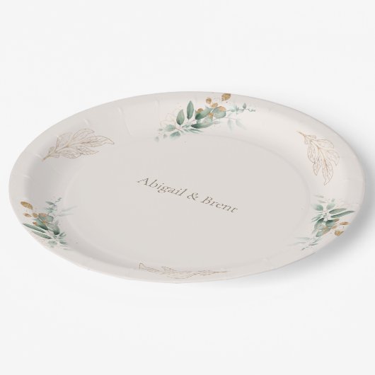 Crème & Goud Gepersonaliseerde Bladerbruiloft Papieren Bordje (Gekanteld)