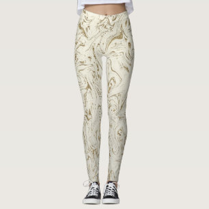 Crème & Goud Glitter Marmer Draaikolk Moderne Glam Leggings