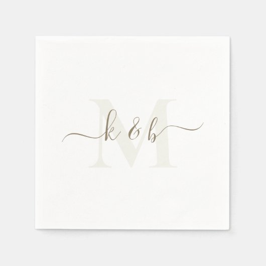 Crème & Goud Monogram Swash Script Witte Cocktail Servet (Voorkant)