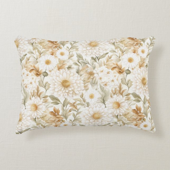 Crème Goud Witte Landbloemen Accent Kussen (Voorkant)