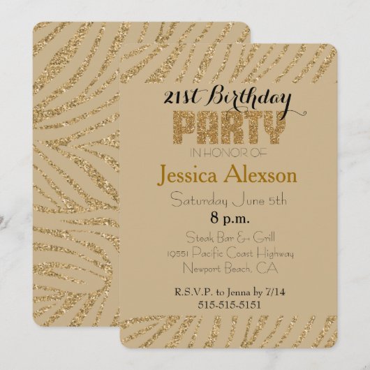 Crème Goud Zebraprint Nep Glitter 21e Verjaardag Kaart (Voorkant / Achterkant)