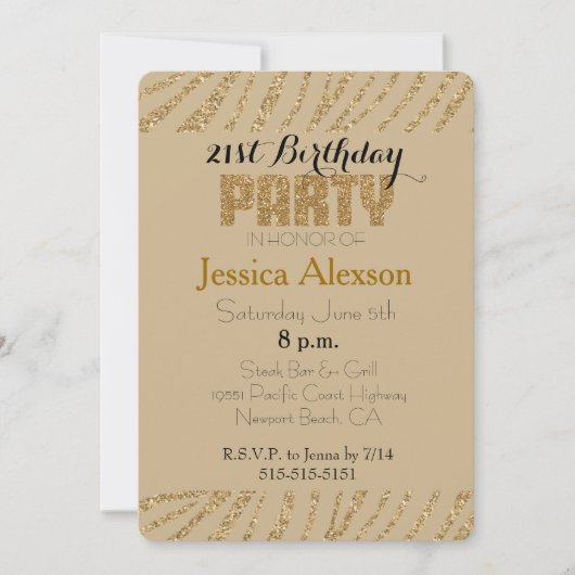 Crème Goud Zebraprint Nep Glitter 21e Verjaardag Kaart (Voorkant)
