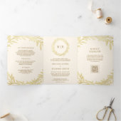 Crème Gouden Blad Tak QR Code Trouwen Drieluik Uitnodiging (Binnen)