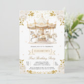 Crème Gouden Bloemen Carrousel Eerste Verjaardagsf Kaart (Staand voorkant)