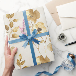 Crème Gouden Bloemen Trouwen Cadeaupapier