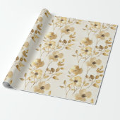Crème Gouden Bloemen Trouwen Cadeaupapier (Uitgerold)