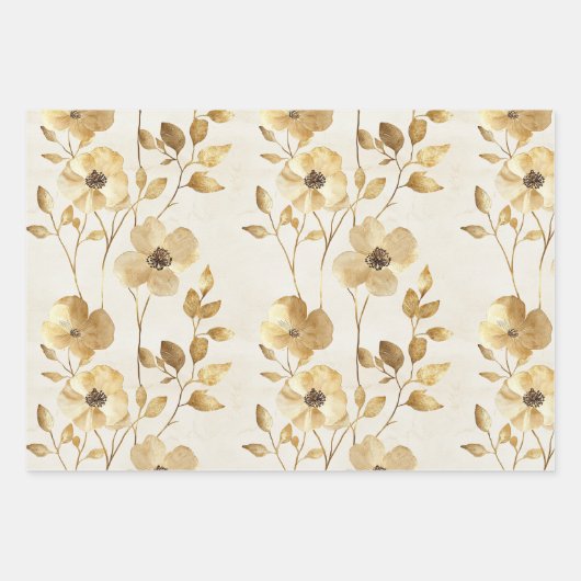 Crème Gouden Bloemen Trouwen Inpakpapier Vel (Voorkant)