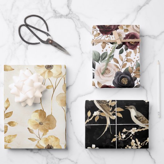 Crème Gouden Bloemen Trouwen Inpakpapier Vel (Voorkant)