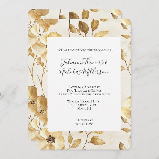 Crème Gouden Bloemen Trouwen Kaart (Voorkant / Achterkant)