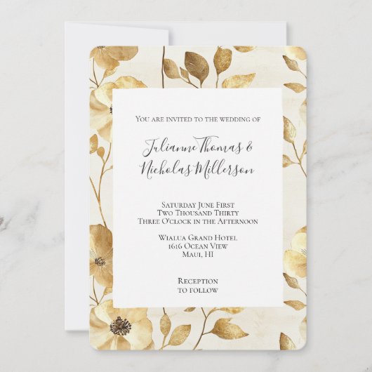 Crème Gouden Bloemen Trouwen Kaart (Voorkant)