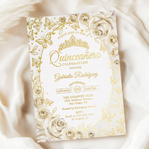 Crème Gouden Bloemige Quinceanera Folie Uitnodiging