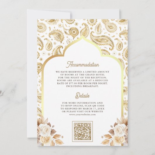 Crème Gouden Paisley Bloem QR Code Indiase Trouwda Kaart (Achterkant)