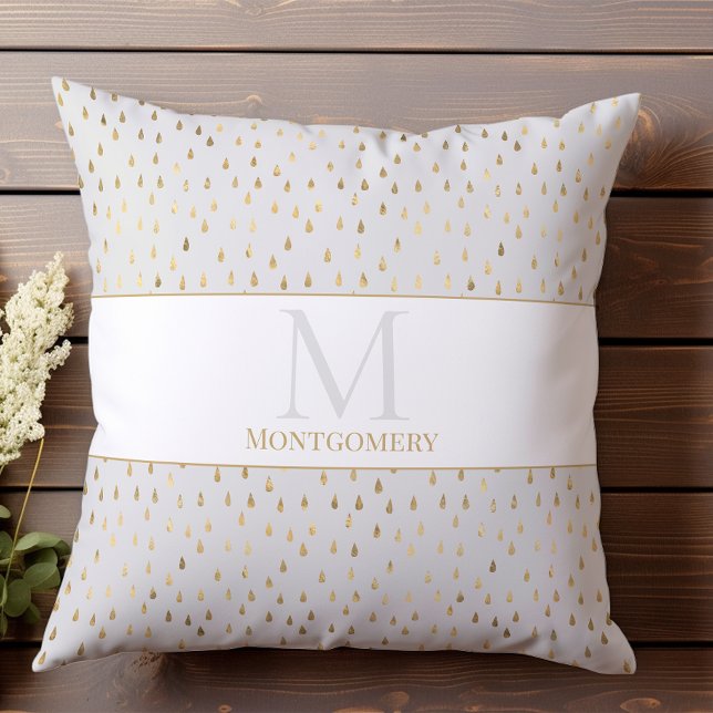 Crème Gouden Regendruppel Moderne Trendy Monogram Kussen (Creator heeft geüpload)