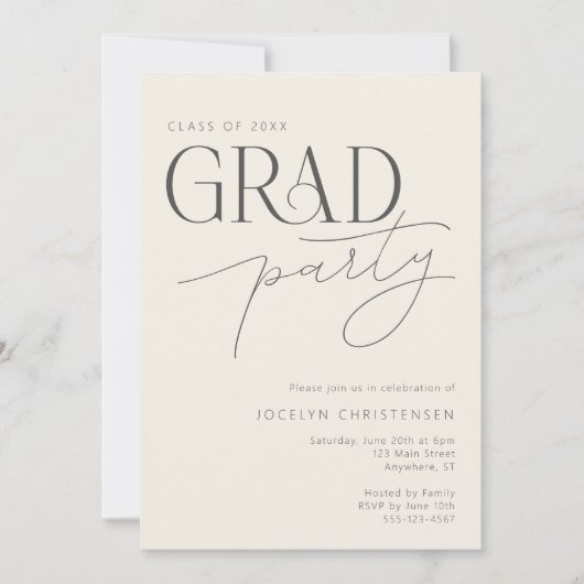 Crème grijze moderne typografie grad feest uitnodi kaart (Voorkant)