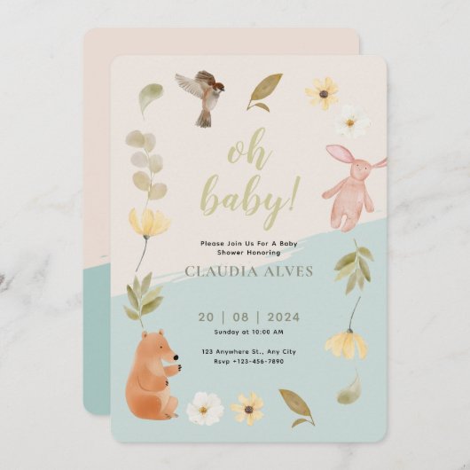 Crème Groen Aquarel Baby Shower Ter Ere Van  Kaart (Voorkant / Achterkant)