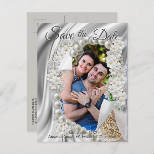 Crème, Groen, Blauw Zijde & Ivoren Parels Bewaar d Aankondigingskaart (Voorkant / Achterkant)