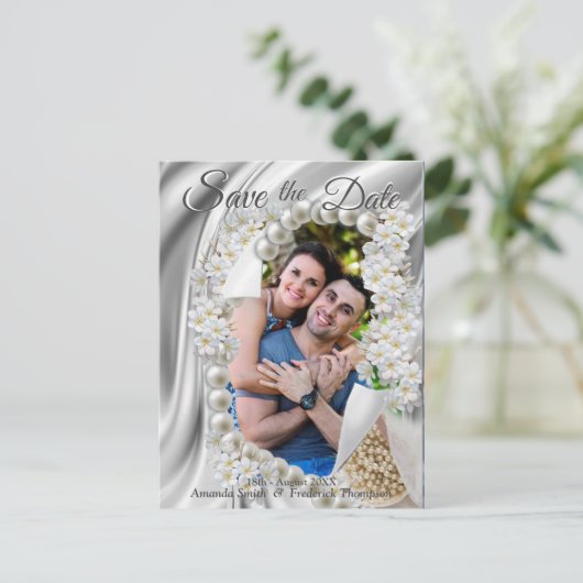 Crème, Groen, Blauw Zijde & Ivoren Parels Bewaar d Aankondigingskaart (Staand voorkant)