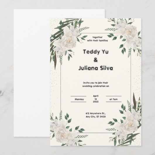 Crème Groen Bloemen Bruiloft Uitnodiging (Voorkant / Achterkant)