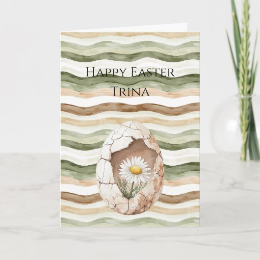 Crème Groen Bruin Witte Madelief Bloem Pasen Ei Kaart (Voorkant)