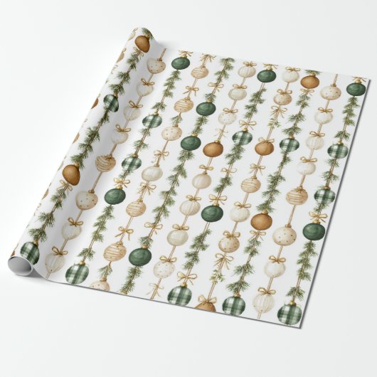 Crème Groen Goud Kerstballen Cadeaupapier (Uitgerold)