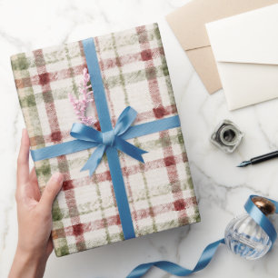 Crème Groen Rood Geruit Strepen Verjaardag Cadeaupapier