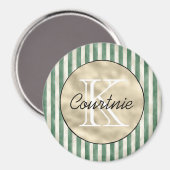 Crème groene strepen gouden monogram magneet (Voorkant / Achterkant)
