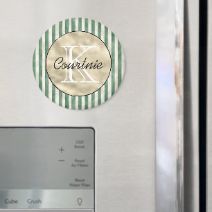 Crème groene strepen gouden monogram magneet