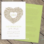 Crème groene tulphartretinformatie<br><div class="desc">Tulp hart bouquet monogram bruiloft informatieformulier voor bezoekers. Een prachtige trouwinformatiebrochure die je gast helpt te begrijpen hoe je je huwelijksbestemming kunt bereiken en hoe je op je huwelijksdag de agenda, de accommodatie-informatie en de sociale media-hashtag-gegevens kunt bekijken. Pas je eigen gegevens aan. Bruin gebrande kunst, roomroemelbloemen, verse groene lenteverbladeren...</div>