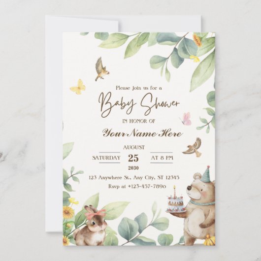 Crème Groene Waterverf Baby Shower Uitnodigingen (Voorkant)