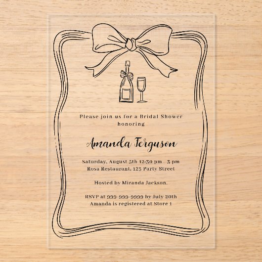 Crème handgetekende boog prosecco helder Vrijgezel Acryl Uitnodigingen (Voorkant)