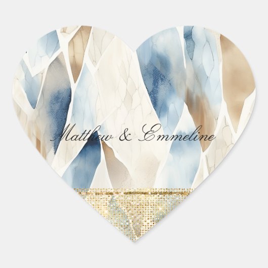 Crème ivoor blauw abstract strand goud glans hart sticker (Voorkant)