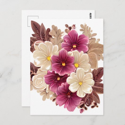 Crème Ivoor en Bourgondische bloemen op een verle Briefkaart (Voorkant / Achterkant)
