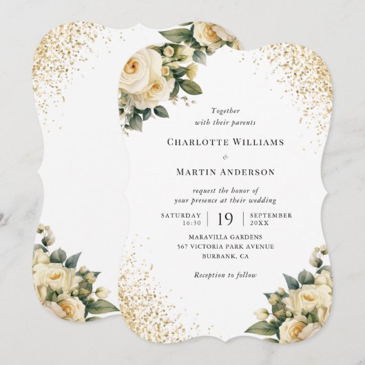 Crème Ivoor Goud Confetti Elegante Bloemen Huwelij Kaart (Voorkant / Achterkant)