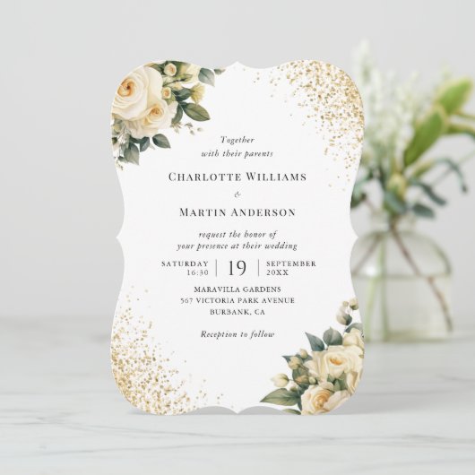 Crème Ivoor Goud Confetti Elegante Bloemen Huwelij Kaart (Staand voorkant)