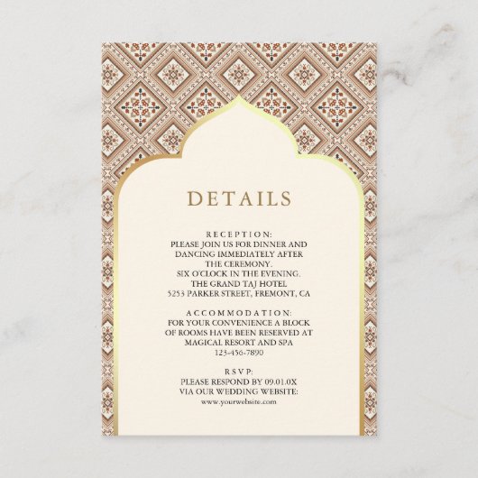 Crème Ivoor Goud Geometrisch Patroon Wedding Detai Informatiekaartje (Voorkant)
