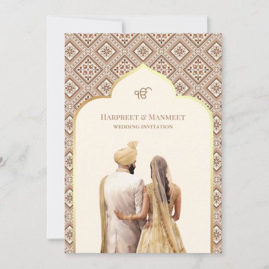 Crème Ivoor Goud Punjabi Anand Karaj Sikh Bruiloft Kaart (Voorkant)