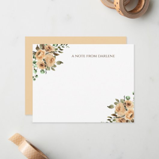 Crème, ivoor, latte Waterverf Rozen monogram Notitiekaartje (Voorkant / Achterkant in situ)