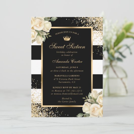 Crème Ivoor Roos Zwart Goud Sweet Sixteen Birthday Kaart (Staand voorkant)