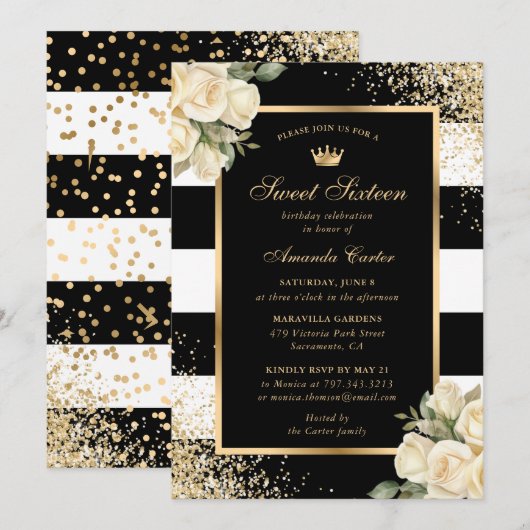 Crème Ivoor Roos Zwart Goud Sweet Sixteen Birthday Kaart (Voorkant / Achterkant)