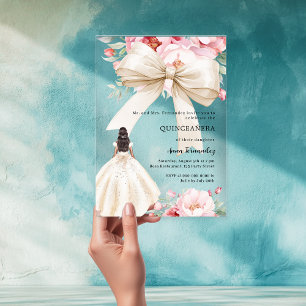 Crème jurk lint roze bloemen doorzichtige Quincean Acryl Uitnodigingen