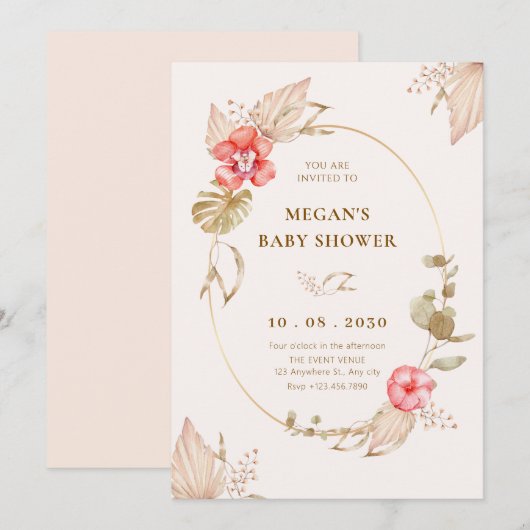 Crème kalme bloemige elegante baby shower kaart (Voorkant / Achterkant)