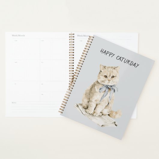 Crème Kat Blauwe Strik Caturday Planner (Display)