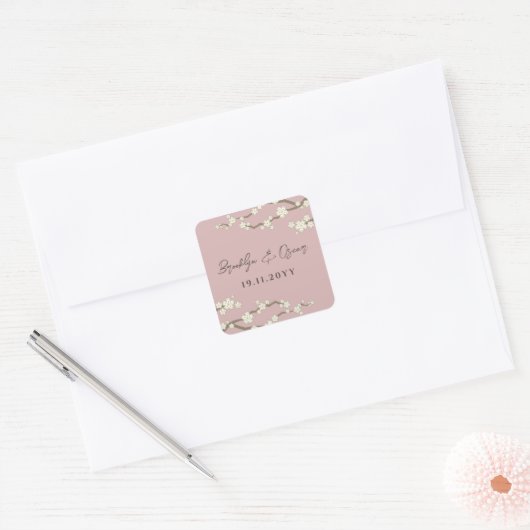Crème Kersenbloesems Wit Sakura Bruin Bruiloft Vierkante Sticker (Envelop)