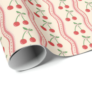 Crème Kersenpatroon met Roze Golvende Strepen Cadeaupapier