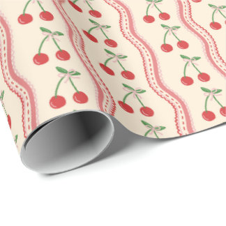 Crème Kersenpatroon met Roze Golvende Strepen Cadeaupapier