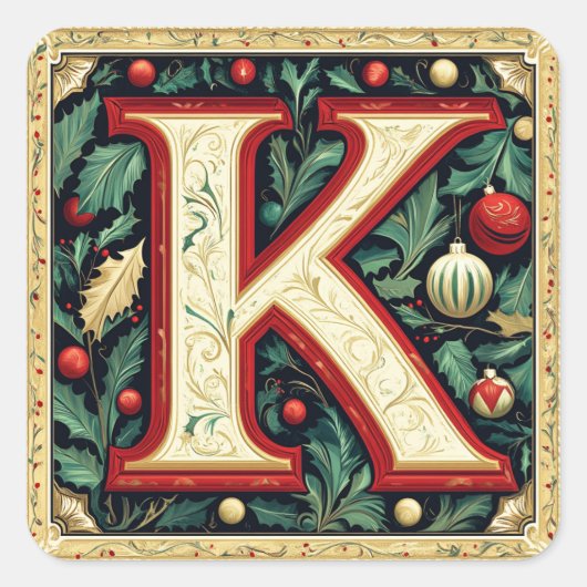 Crème & Kerst Rode letter K met groen Vierkante Sticker (Voorkant)