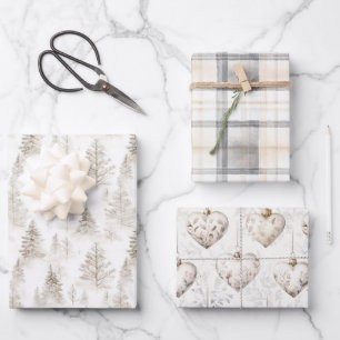 Crème Kerstbomen Harten Geruite Strepen Inpakpapier Vel