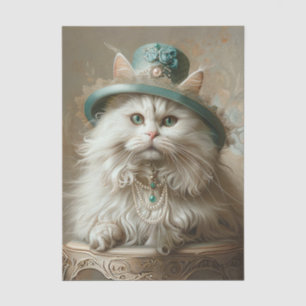 Crème Kleurige Kat Teal Hoed Parels Decoupage Tiss Tissuepapier