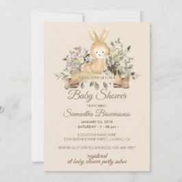 Crème Konijn Botanische Bloemen Baby Shower Kaart
